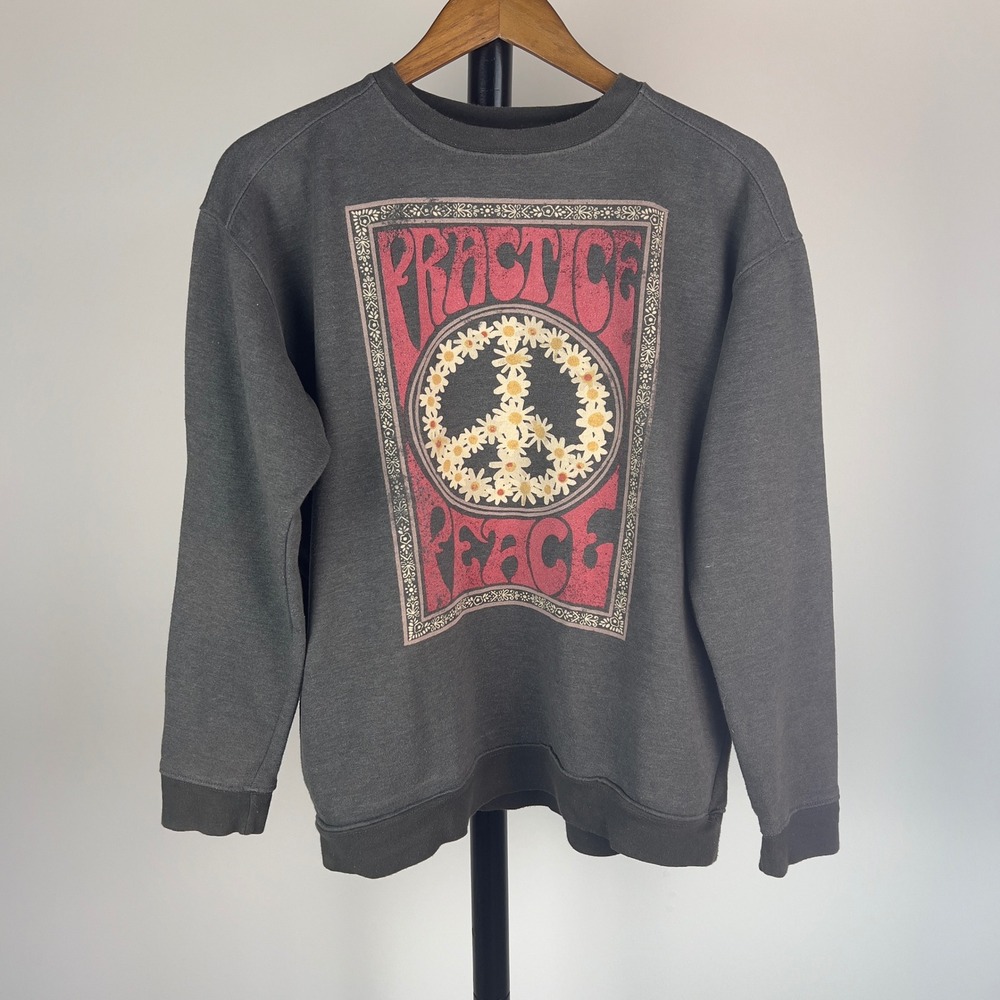 Natural Life Practice Peace Graphic Sweatshirt XS Gray Daisy Boho Retro Pocket